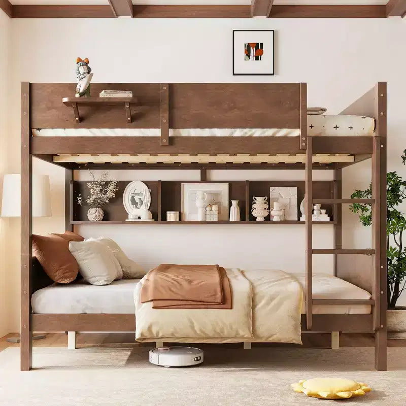 ModernLuxe Queen Size Solid Wood Bunk Bed with Storage Shelves & Built-In Tray, Convertible Bed Frame for Family/Vacation Home