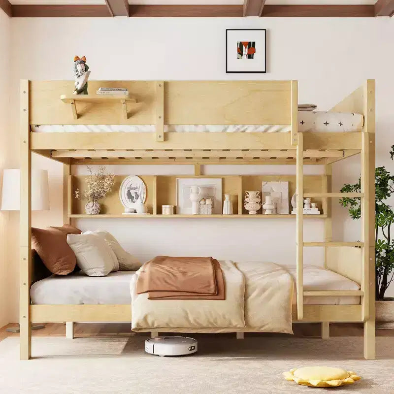 ModernLuxe Queen Size Solid Wood Bunk Bed with Storage Shelves & Built-In Tray, Convertible Bed Frame for Family/Vacation Home
