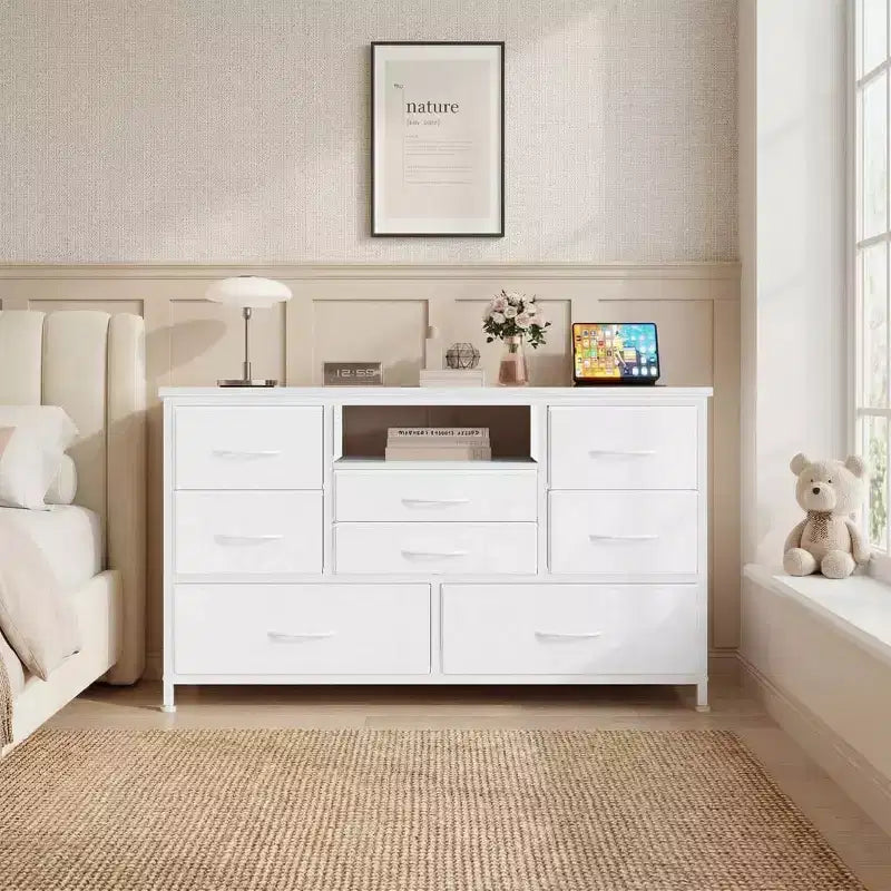 TV Stand with Fabric Drawers & LED Lights, Metal Frame TV Console, Storage Organizer for Bedroom, Hallway, Living Room