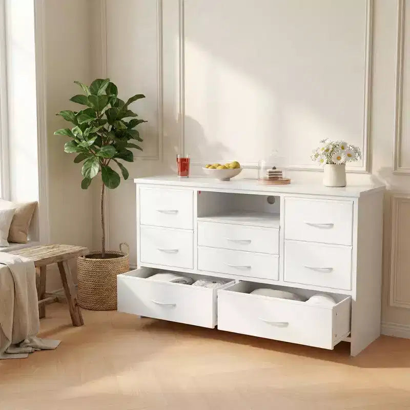TV Stand with Fabric Drawers & LED Lights, Metal Frame TV Console, Storage Organizer for Bedroom, Hallway, Living Room