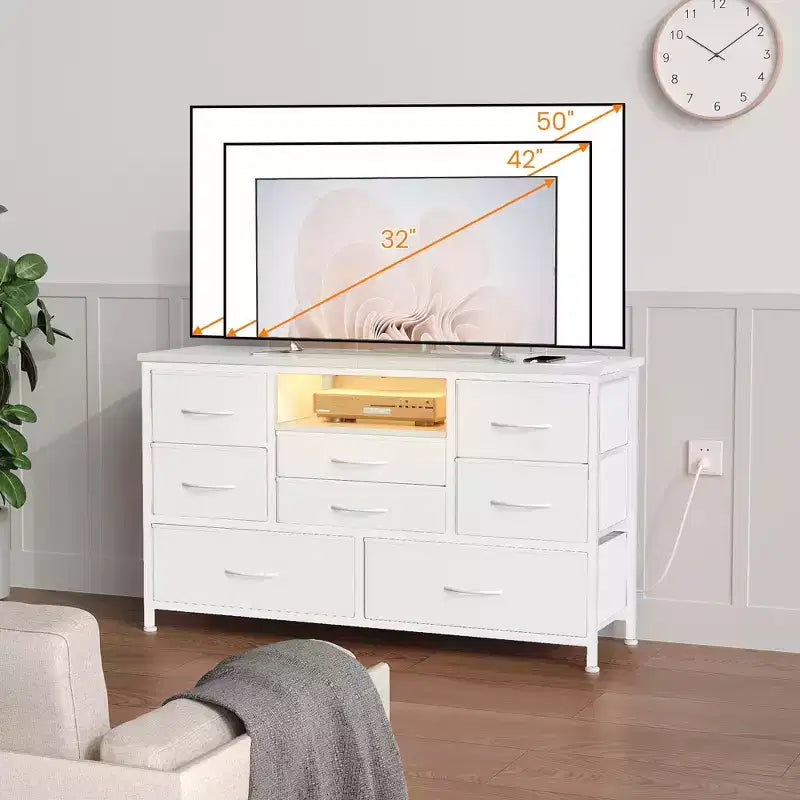 TV Stand with Fabric Drawers & LED Lights, Metal Frame TV Console, Storage Organizer for Bedroom, Hallway, Living Room