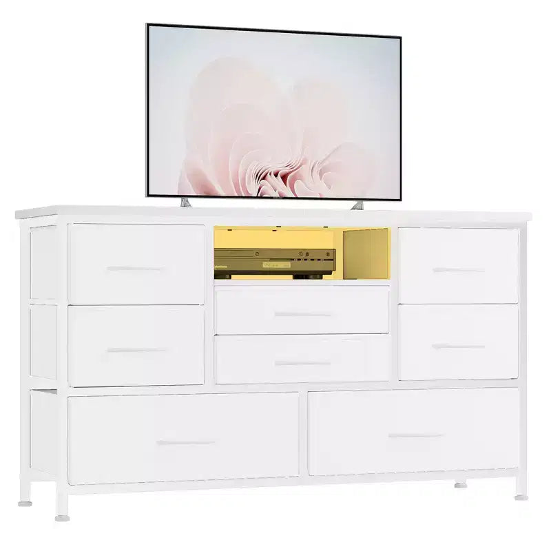 TV Stand with Fabric Drawers & LED Lights, Metal Frame TV Console, Storage Organizer for Bedroom, Hallway, Living Room