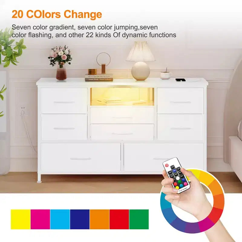 TV Stand with Fabric Drawers & LED Lights, Metal Frame TV Console, Storage Organizer for Bedroom, Hallway, Living Room