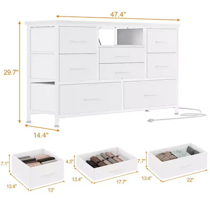 TV Stand with Fabric Drawers & LED Lights, Metal Frame TV Console, Storage Organizer for Bedroom, Hallway, Living Room
