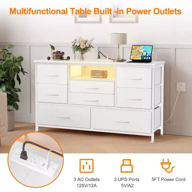 TV Stand with Fabric Drawers & LED Lights, Metal Frame TV Console, Storage Organizer for Bedroom, Hallway, Living Room