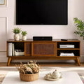 JVNOXK 59 in mid-century modern rattan TV stand, suitable for TVs 65 inches and smaller, with solid wood legs and rattan-woven doors, light wood