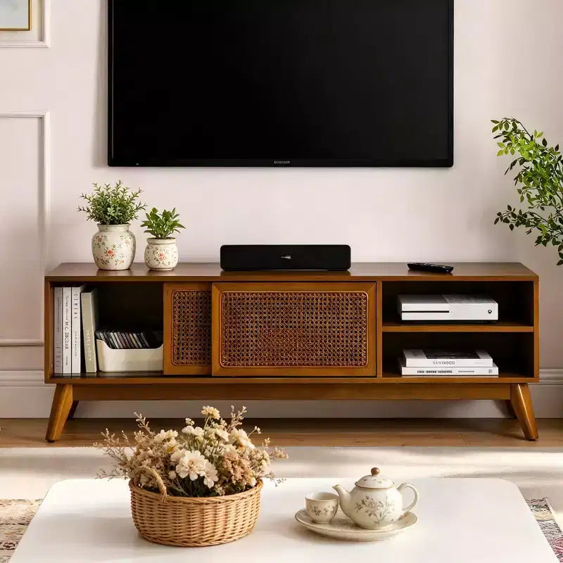 JVNOXK 59 in mid-century modern rattan TV stand, suitable for TVs 65 inches and smaller, with solid wood legs and rattan-woven doors, light wood