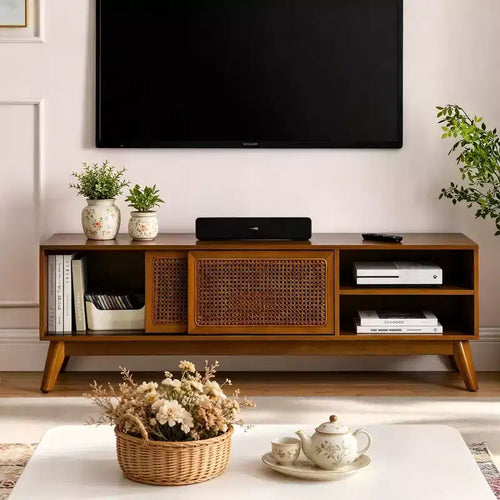 JVNOXK 59 in mid-century modern rattan TV stand, suitable for TVs 65 inches and smaller, with solid wood legs and rattan-woven doors, light wood