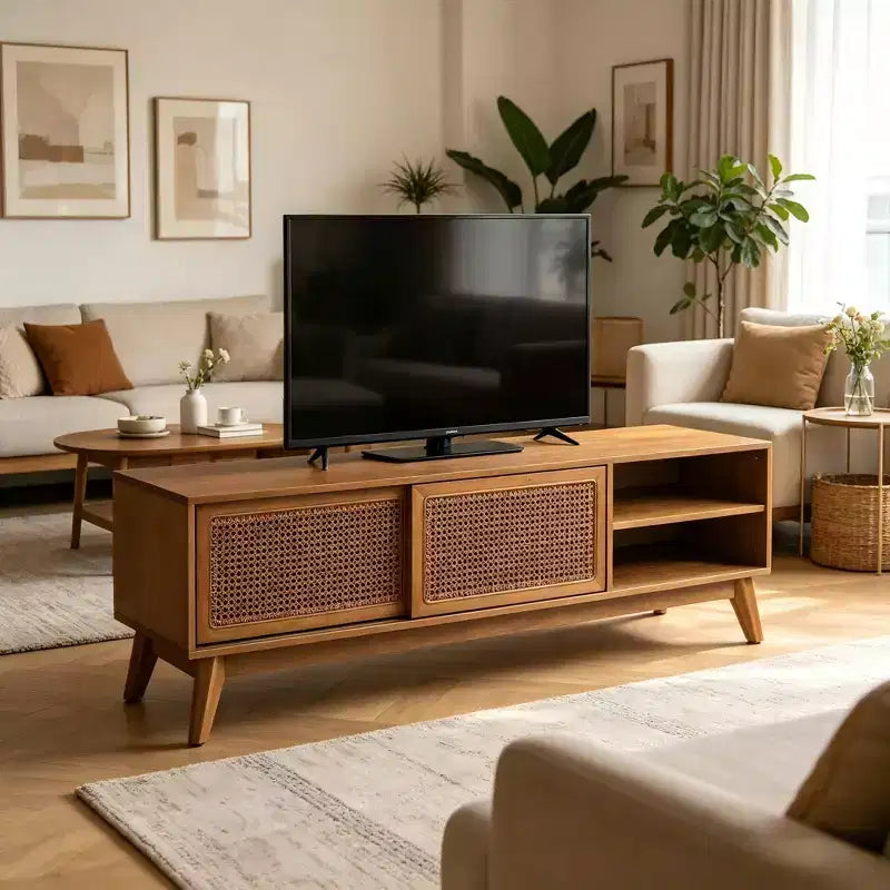 JVNOXK 59 in mid-century modern rattan TV stand, suitable for TVs 65 inches and smaller, with solid wood legs and rattan-woven doors, light wood