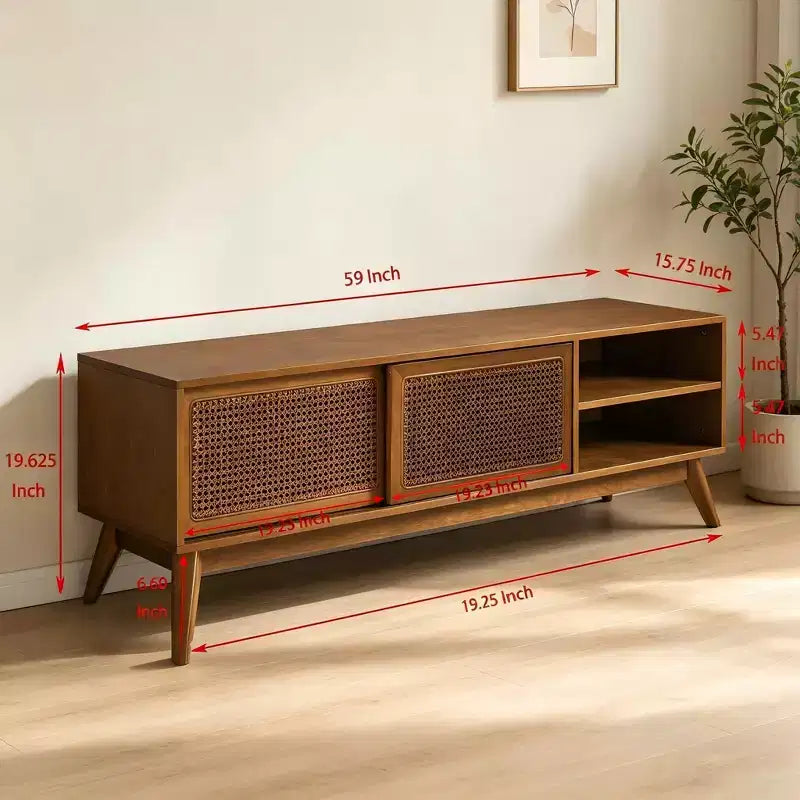 JVNOXK 59 in mid-century modern rattan TV stand, suitable for TVs 65 inches and smaller, with solid wood legs and rattan-woven doors, light wood