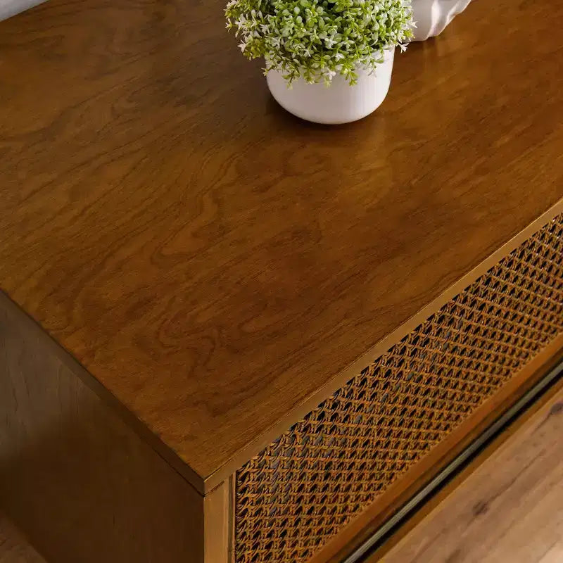 JVNOXK 59 in mid-century modern rattan TV stand, suitable for TVs 65 inches and smaller, with solid wood legs and rattan-woven doors, light wood