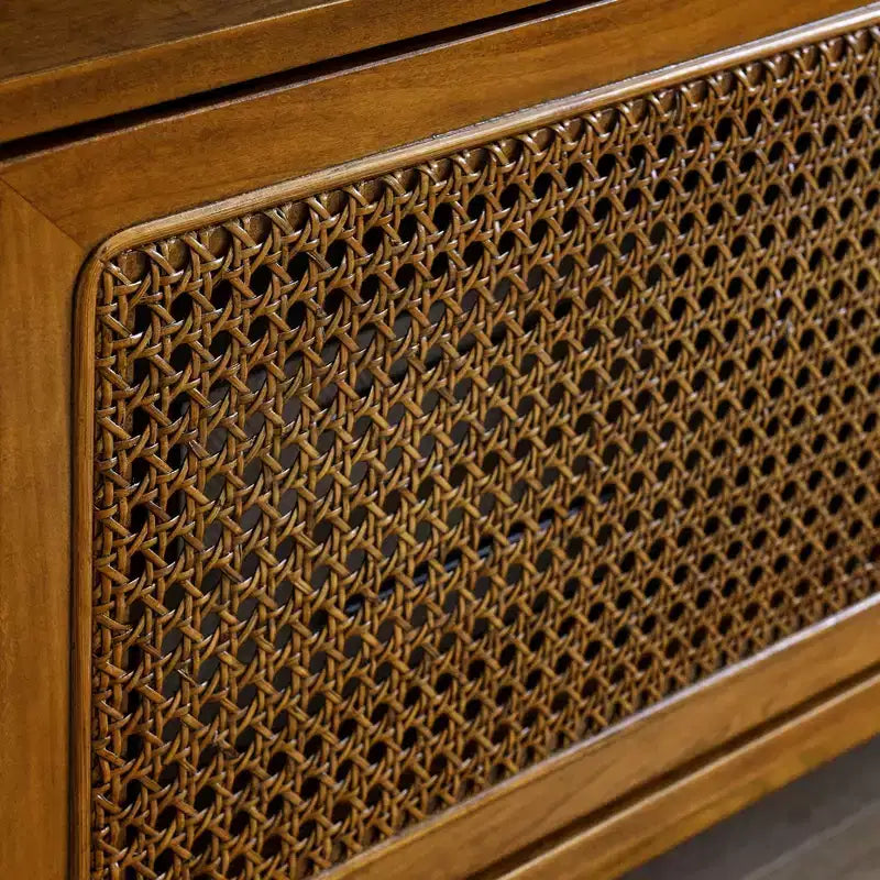 JVNOXK 59 in mid-century modern rattan TV stand, suitable for TVs 65 inches and smaller, with solid wood legs and rattan-woven doors, light wood