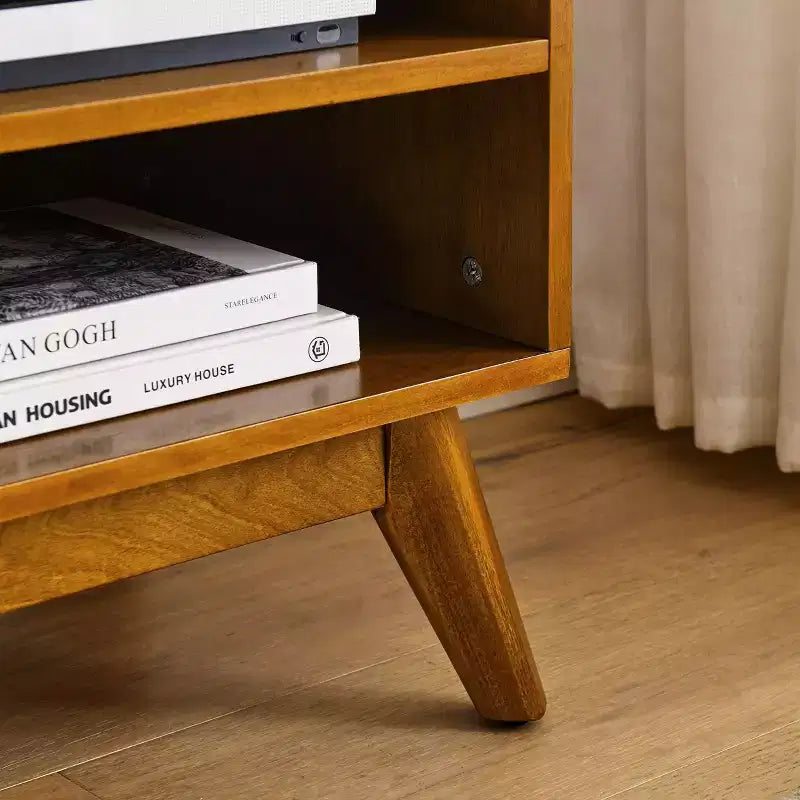 JVNOXK 59 in mid-century modern rattan TV stand, suitable for TVs 65 inches and smaller, with solid wood legs and rattan-woven doors, light wood