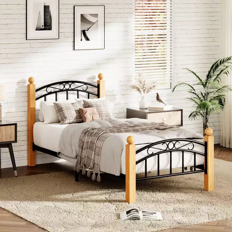 Heavy-Duty Metal Bed Frame with Victorian Curved Headboard & Footboard, Wooden Non-Slip Feet, Noise-Free Steel Slat Support, No Box Spring Needed