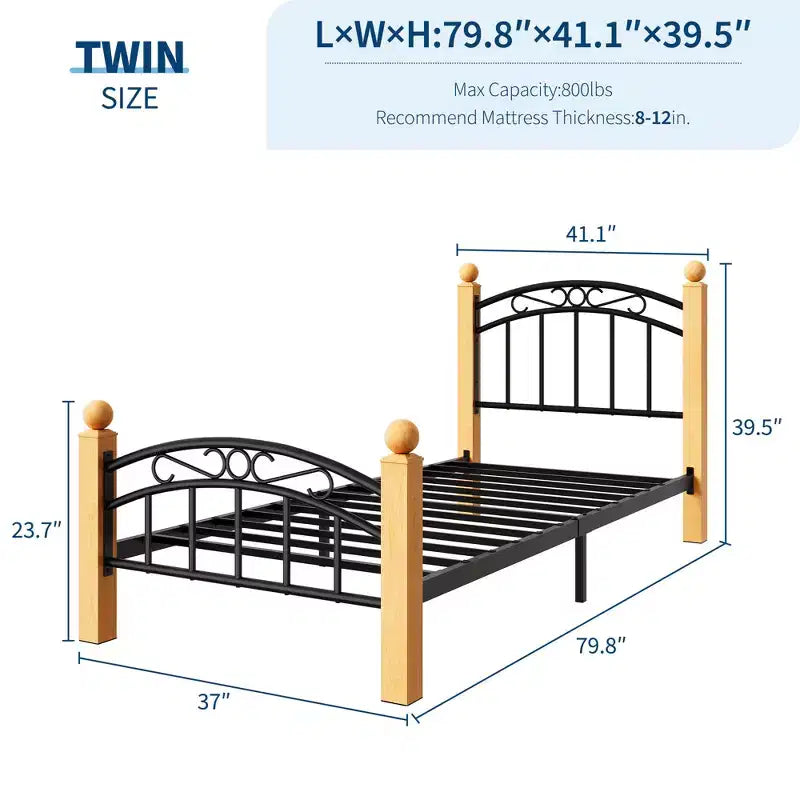 Heavy-Duty Metal Bed Frame with Victorian Curved Headboard & Footboard, Wooden Non-Slip Feet, Noise-Free Steel Slat Support, No Box Spring Needed
