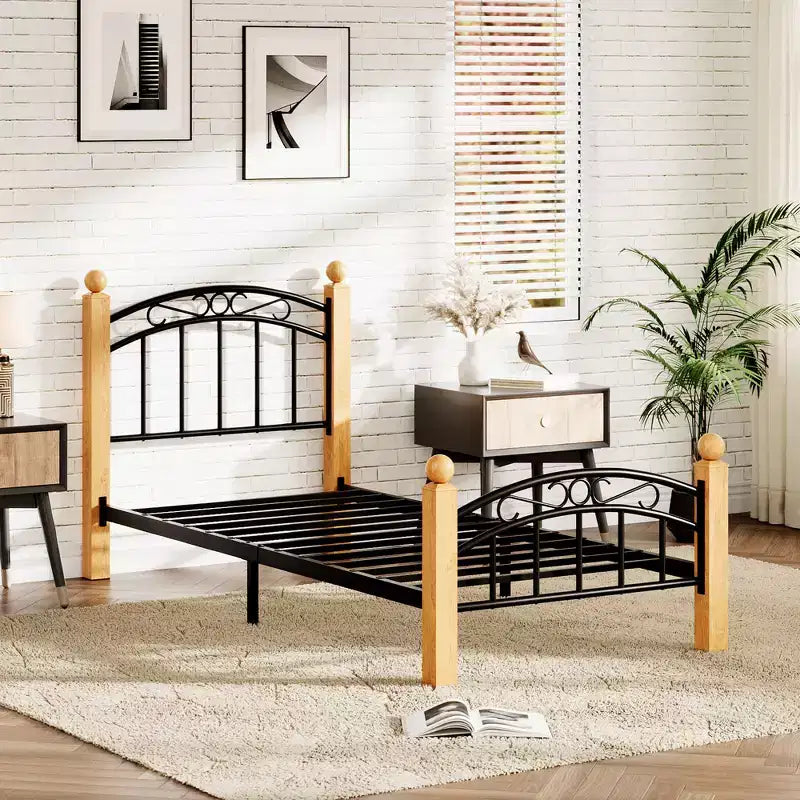Heavy-Duty Metal Bed Frame with Victorian Curved Headboard & Footboard, Wooden Non-Slip Feet, Noise-Free Steel Slat Support, No Box Spring Needed