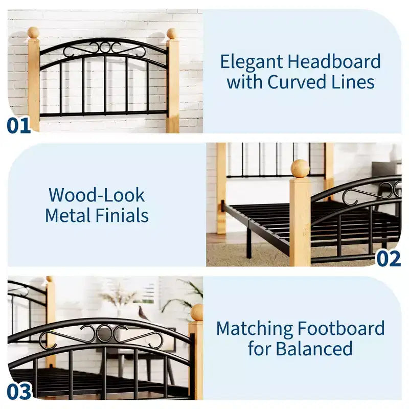Heavy-Duty Metal Bed Frame with Victorian Curved Headboard & Footboard, Wooden Non-Slip Feet, Noise-Free Steel Slat Support, No Box Spring Needed