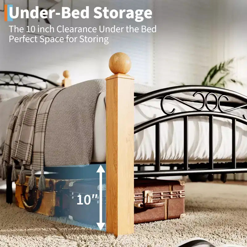 Heavy-Duty Metal Bed Frame with Victorian Curved Headboard & Footboard, Wooden Non-Slip Feet, Noise-Free Steel Slat Support, No Box Spring Needed