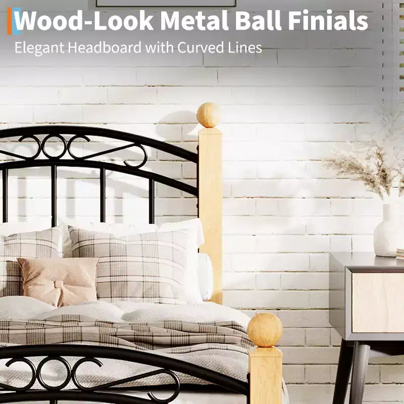 Heavy-Duty Metal Bed Frame with Victorian Curved Headboard & Footboard, Wooden Non-Slip Feet, Noise-Free Steel Slat Support, No Box Spring Needed