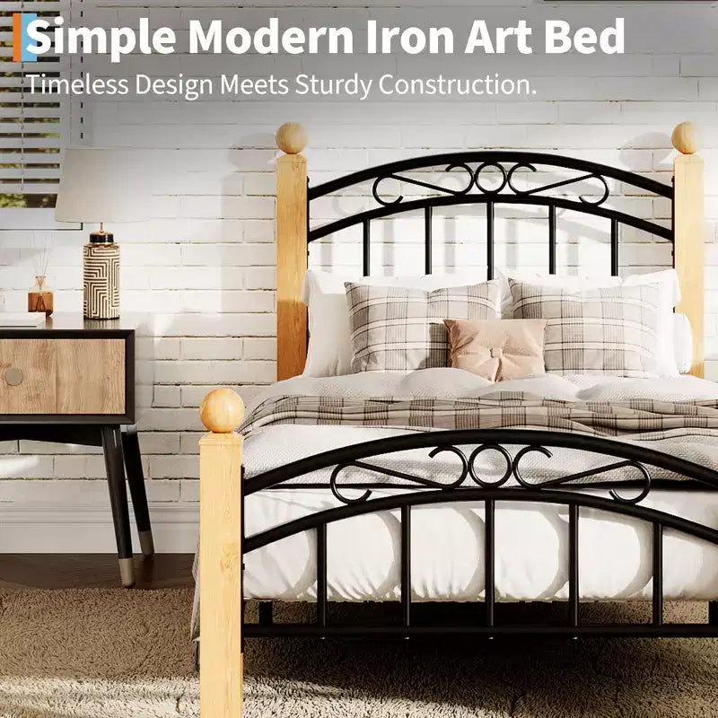 Heavy-Duty Metal Bed Frame with Victorian Curved Headboard & Footboard, Wooden Non-Slip Feet, Noise-Free Steel Slat Support, No Box Spring Needed