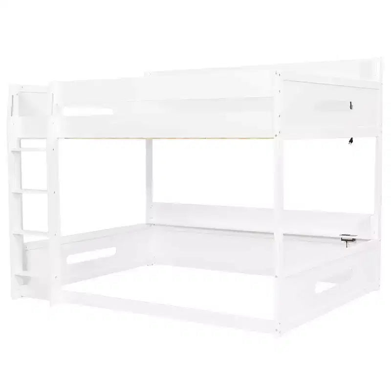 Queen over Queen Bunk Bed with Storage Shelves and USB Ports, Wooden Queen Size Loft Bed with Charging Station