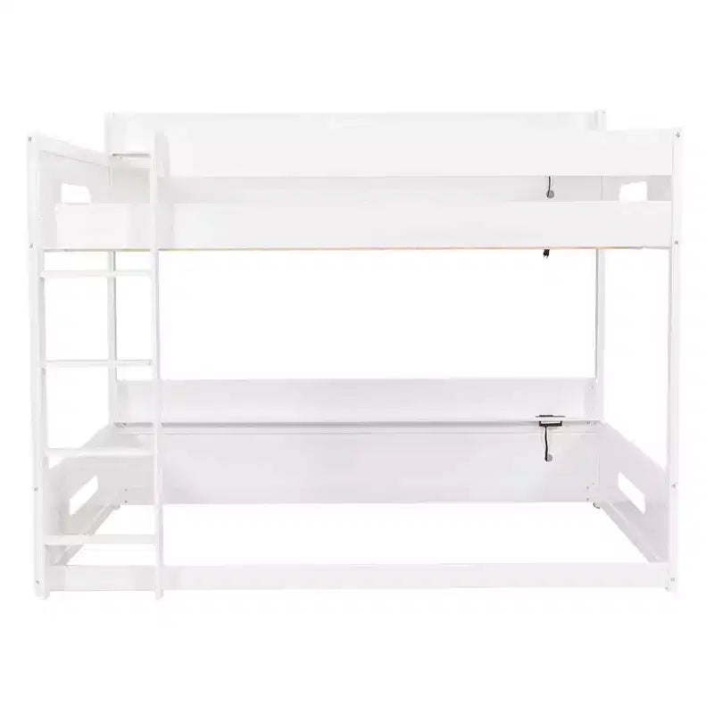 Queen over Queen Bunk Bed with Storage Shelves and USB Ports, Wooden Queen Size Loft Bed with Charging Station