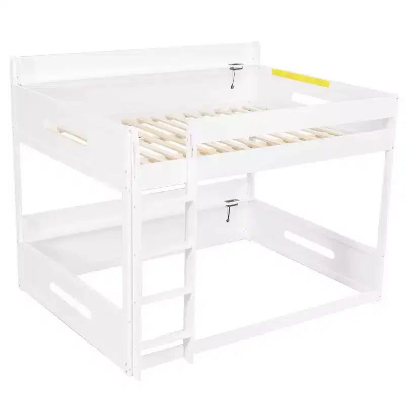 Queen over Queen Bunk Bed with Storage Shelves and USB Ports, Wooden Queen Size Loft Bed with Charging Station