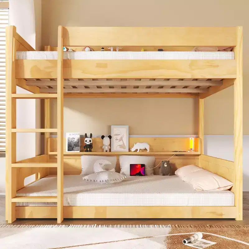 Queen over Queen Bunk Bed with Storage Shelves and USB Ports, Wooden Queen Size Loft Bed with Charging Station