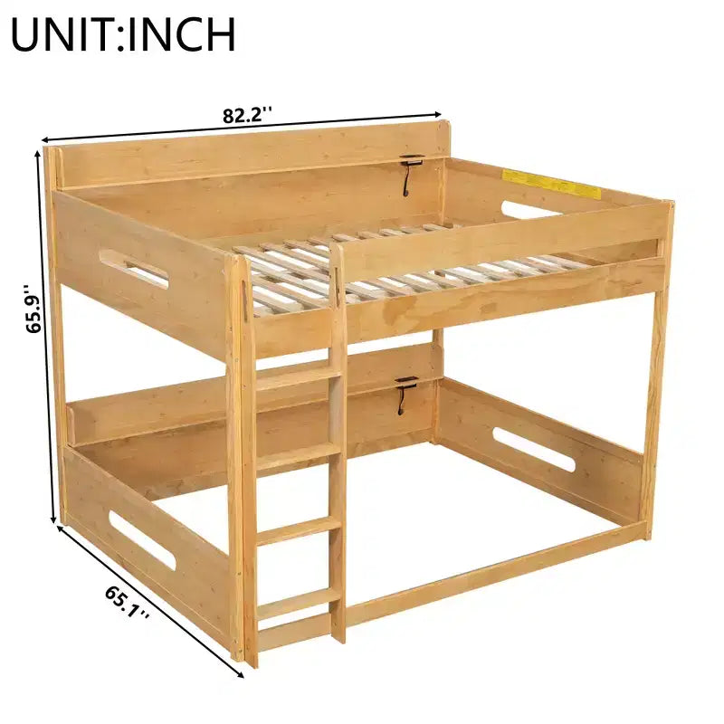 Queen over Queen Bunk Bed with Storage Shelves and USB Ports, Wooden Queen Size Loft Bed with Charging Station