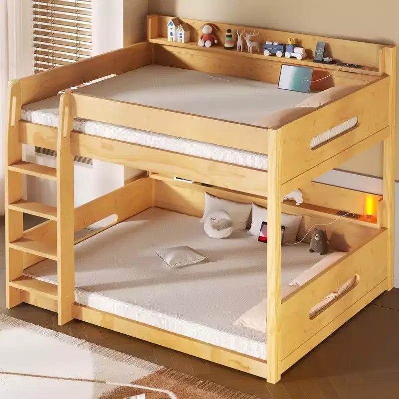 Queen over Queen Bunk Bed with Storage Shelves and USB Ports, Wooden Queen Size Loft Bed with Charging Station