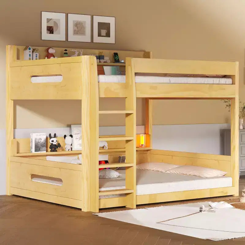 Queen over Queen Bunk Bed with Storage Shelves and USB Ports, Wooden Queen Size Loft Bed with Charging Station