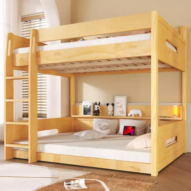 Queen over Queen Bunk Bed with Storage Shelves and USB Ports, Wooden Queen Size Loft Bed with Charging Station