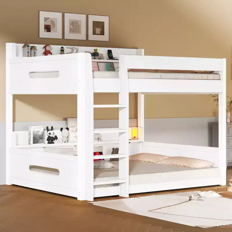 Queen over Queen Bunk Bed with Storage Shelves and USB Ports, Wooden Queen Size Loft Bed with Charging Station