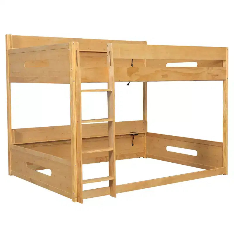 Queen over Queen Bunk Bed with Storage Shelves and USB Ports, Wooden Queen Size Loft Bed with Charging Station