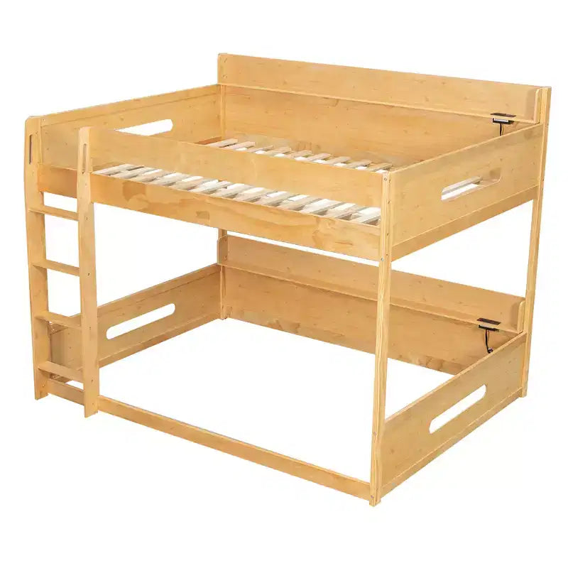 Queen over Queen Bunk Bed with Storage Shelves and USB Ports, Wooden Queen Size Loft Bed with Charging Station