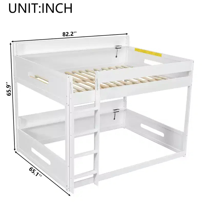 Queen over Queen Bunk Bed with Storage Shelves and USB Ports, Wooden Queen Size Loft Bed with Charging Station