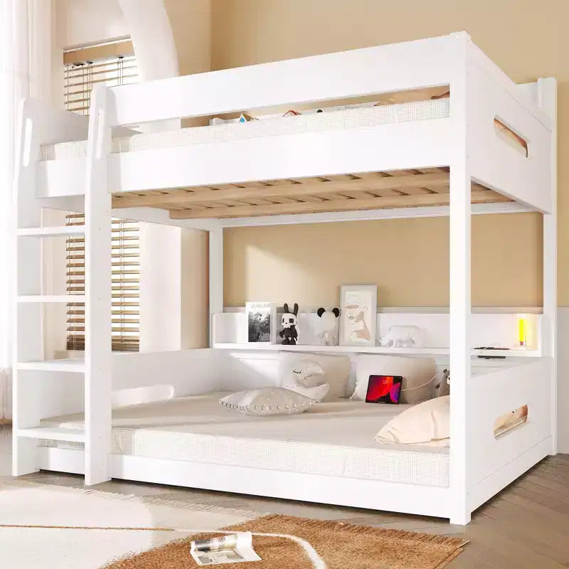 Queen over Queen Bunk Bed with Storage Shelves and USB Ports, Wooden Queen Size Loft Bed with Charging Station
