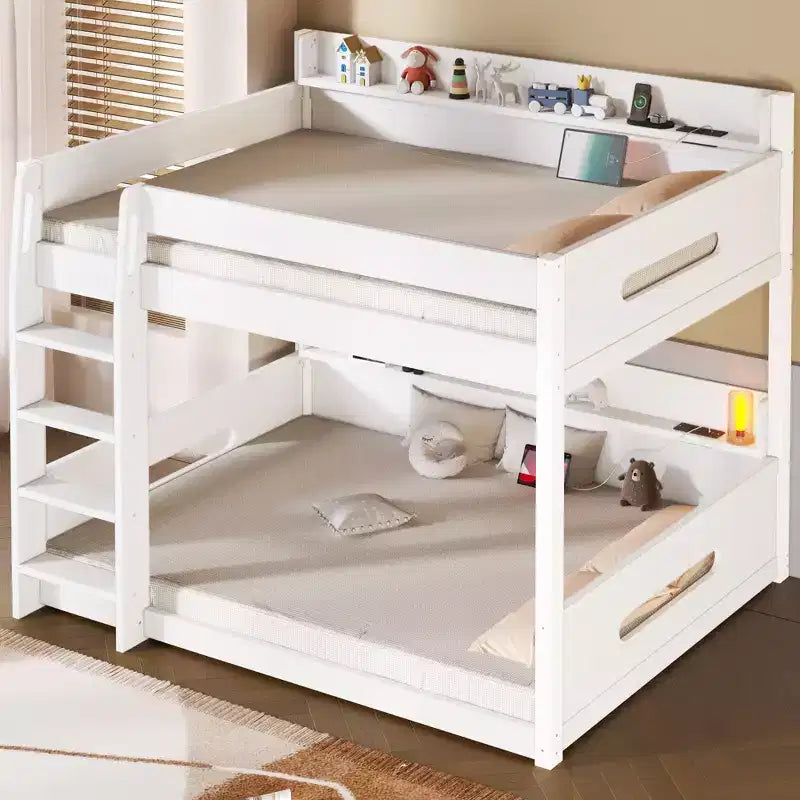 Queen over Queen Bunk Bed with Storage Shelves and USB Ports, Wooden Queen Size Loft Bed with Charging Station