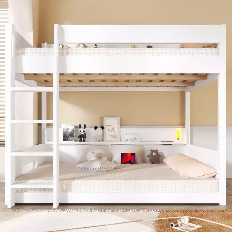 Queen over Queen Bunk Bed with Storage Shelves and USB Ports, Wooden Queen Size Loft Bed with Charging Station