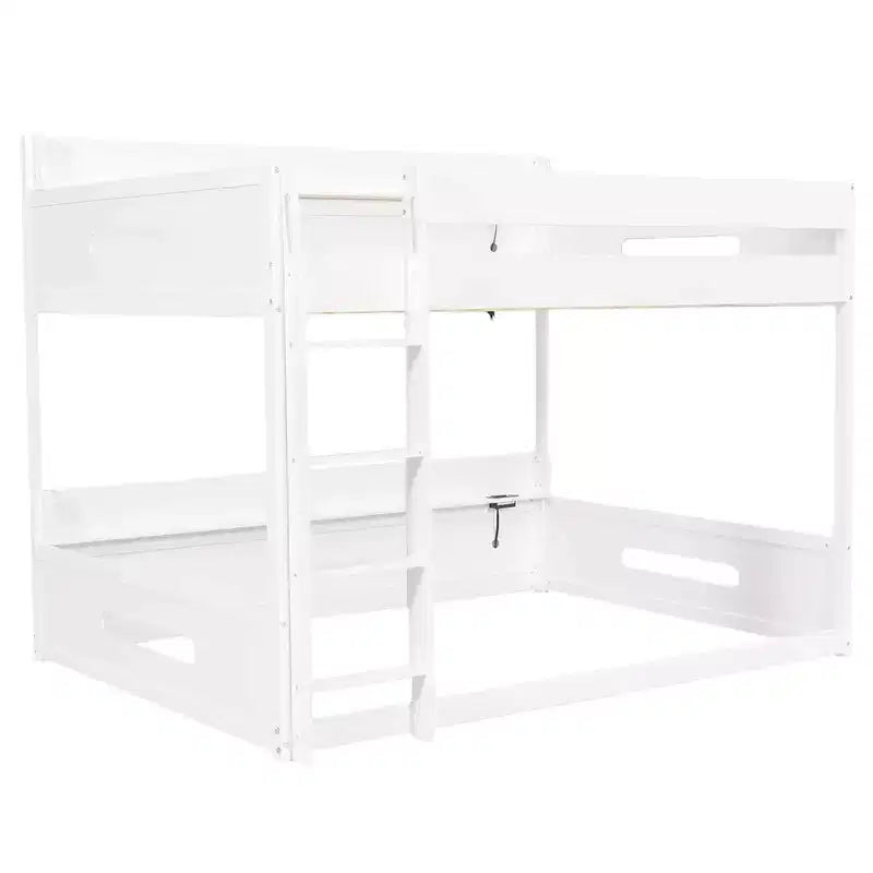 Queen over Queen Bunk Bed with Storage Shelves and USB Ports, Wooden Queen Size Loft Bed with Charging Station