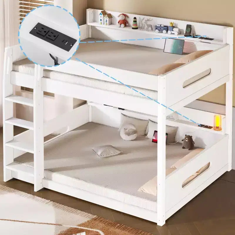 Queen over Queen Bunk Bed with Storage Shelves and USB Ports, Wooden Queen Size Loft Bed with Charging Station