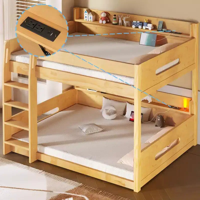 Queen over Queen Bunk Bed with Storage Shelves and USB Ports, Wooden Queen Size Loft Bed with Charging Station
