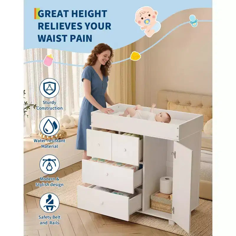 Modern Wood Baby Changing Table Dresser with 3 Drawers and Cabinet, Diaper Changing Station and Nursery Furniture for Kids Room and Bedroom