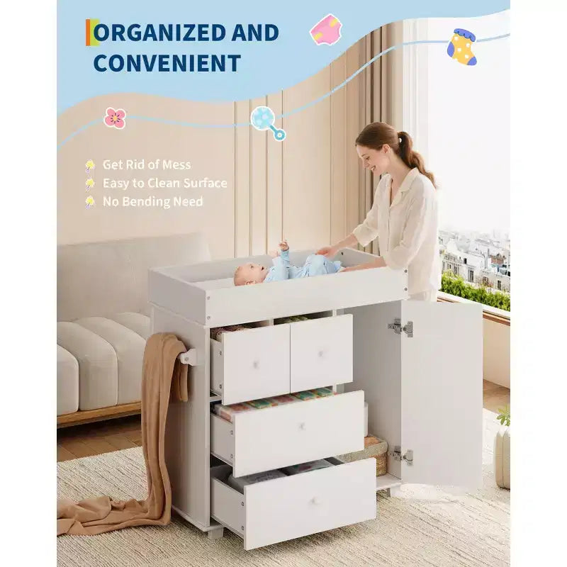 Modern Wood Baby Changing Table Dresser with 3 Drawers and Cabinet, Diaper Changing Station and Nursery Furniture for Kids Room and Bedroom