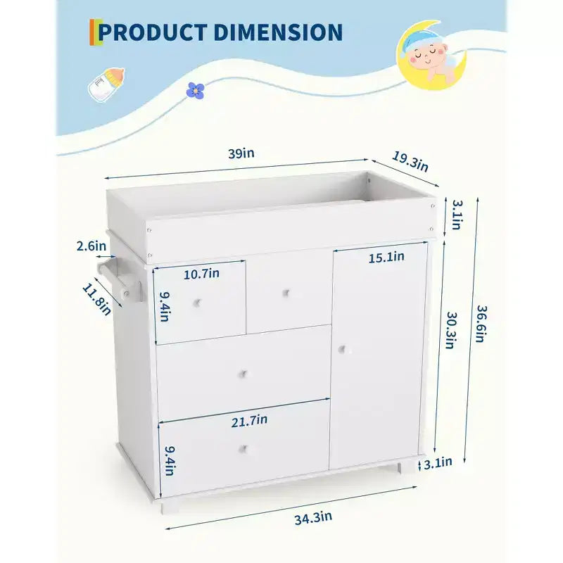 Modern Wood Baby Changing Table Dresser with 3 Drawers and Cabinet, Diaper Changing Station and Nursery Furniture for Kids Room and Bedroom