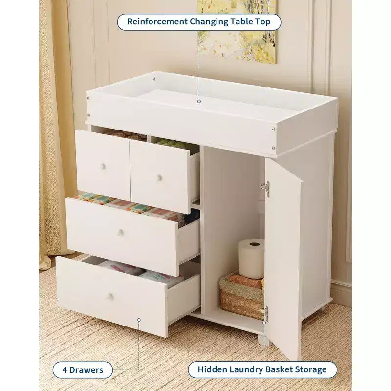 Modern Wood Baby Changing Table Dresser with 3 Drawers and Cabinet, Diaper Changing Station and Nursery Furniture for Kids Room and Bedroom