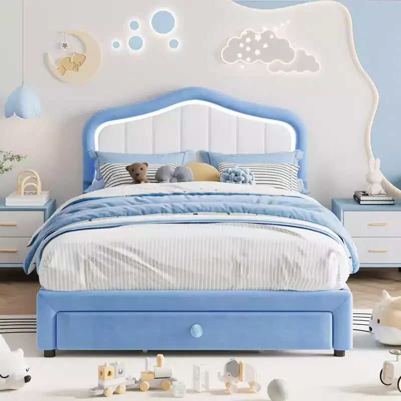 Upholstered Twin Platform Bed with LED Lights & Storage Drawer Soft Velvet Fabric Headboard Included Sturdy Structure No Box Spring Needed