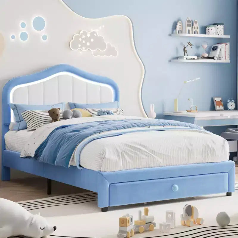 Upholstered Twin Platform Bed with LED Lights & Storage Drawer Soft Velvet Fabric Headboard Included Sturdy Structure No Box Spring Needed