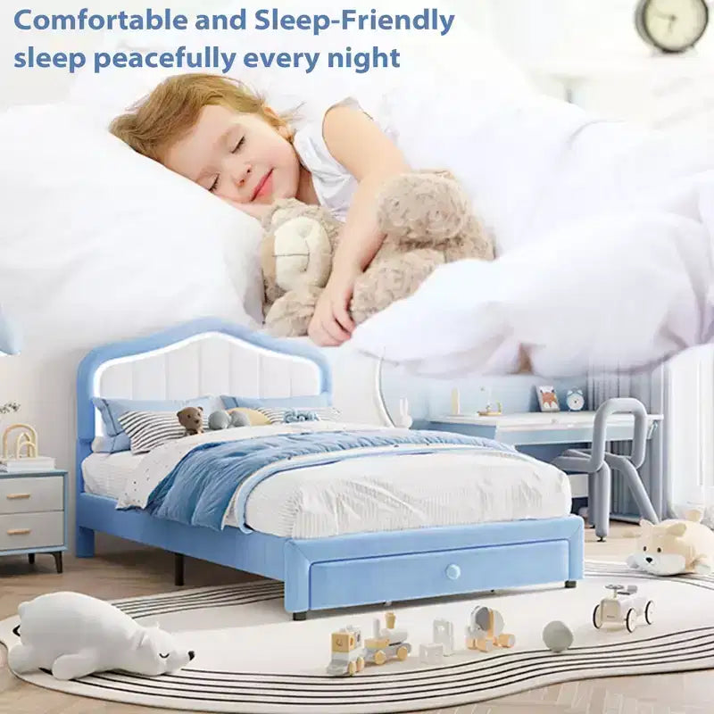 Upholstered Twin Platform Bed with LED Lights & Storage Drawer Soft Velvet Fabric Headboard Included Sturdy Structure No Box Spring Needed