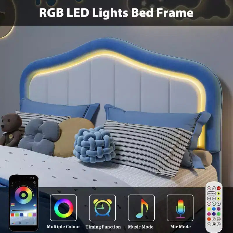 Upholstered Twin Platform Bed with LED Lights & Storage Drawer Soft Velvet Fabric Headboard Included Sturdy Structure No Box Spring Needed